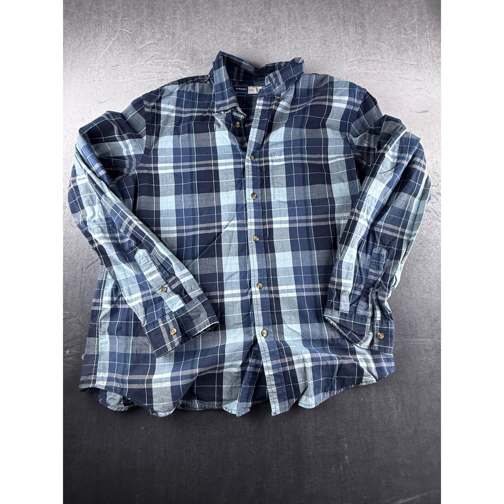 Old Navy Mens XL Blue Plaid Everyday Shirt Regular Fit Built-In Flex Long Sleeve